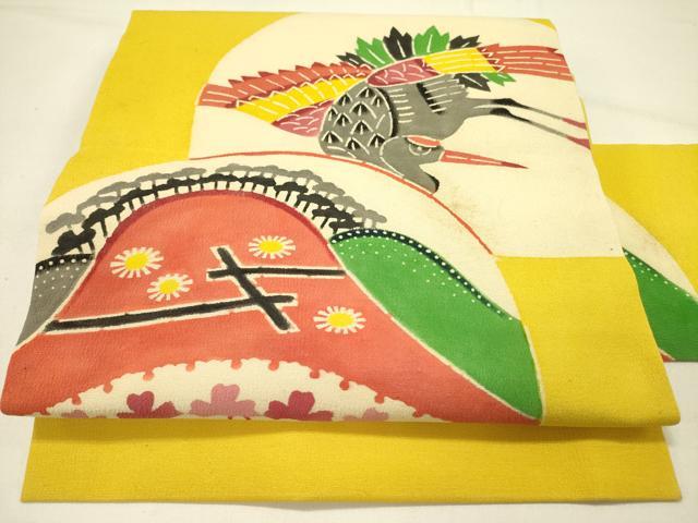 平和屋着物●九寸名古屋帯　紬地　型染　飛鶴花文　正絹　逸品　DABE1035op 平和屋着物○九寸名古屋帯 紬地 型染 飛鶴花文