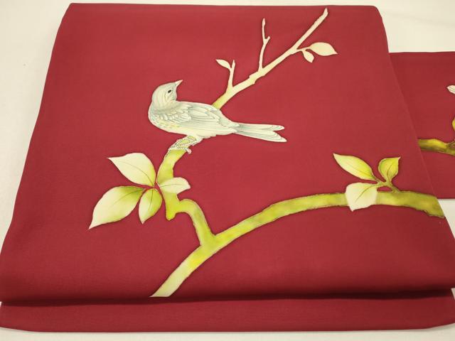 平和屋着物●塩瀬　九寸名古屋帯　枝に鳥　ろうけつ染め　正絹　逸品　DABE1036op 平和屋着物○塩瀬 九寸名古屋帯 枝に鳥 ろうけつ染め 正絹 逸品 DABE1036op