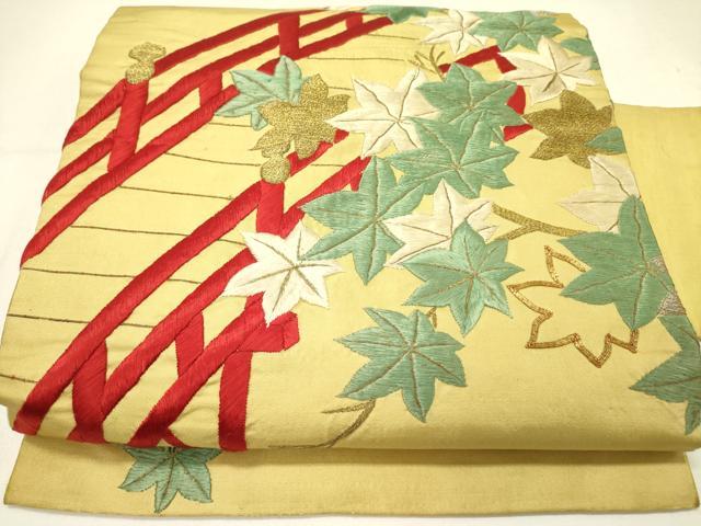 平和屋着物●アンティーク 大正ロマン 九寸名古屋帯 駒刺繍 総刺繍 渡橋楓文 金糸 正絹 逸品 DABE1071op