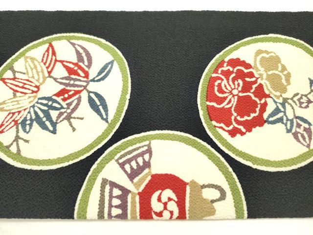 平和屋着物●全通柄九寸名古屋帯 型染 花丸文 黒地 鬼しぼ縮緬 正絹 逸品 未使用 DABE1073op