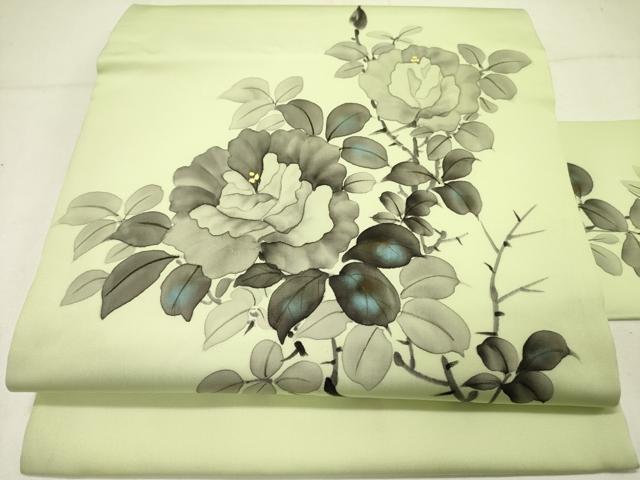 平和屋着物●塩瀬 九寸名古屋帯 手描き 草花 正絹 逸品 DABE1082op