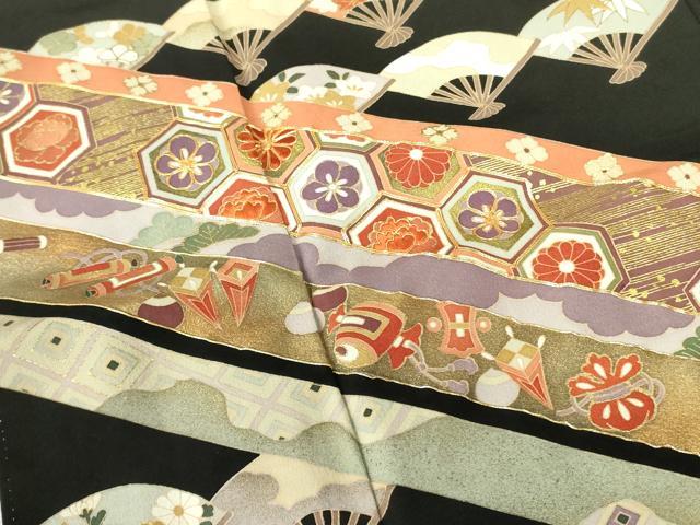 平和屋着物■豪華黒留袖 駒刺繍 宝尽くし扇面花文 金彩 正絹 逸品 DABE1129op