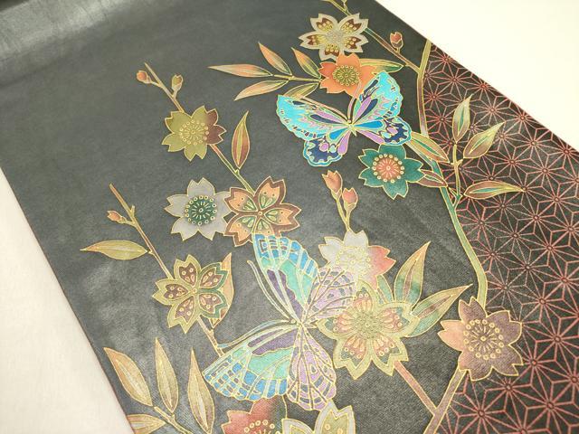 平和屋着物●染色作家 斉藤三才 太鼓柄袋帯 舞蝶花文 金彩 引箔 正絹 逸品 DABE1172op