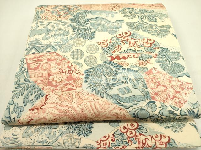 平和屋着物●アンティーク 大正ロマン 丸帯 風景人物花文 正絹 逸品 DABE1189op