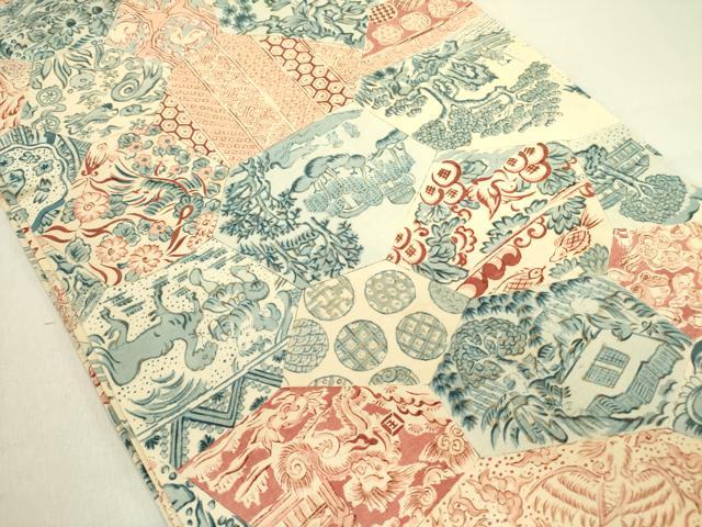 平和屋着物●アンティーク 大正ロマン 丸帯 風景人物花文 正絹 逸品 DABE1189op