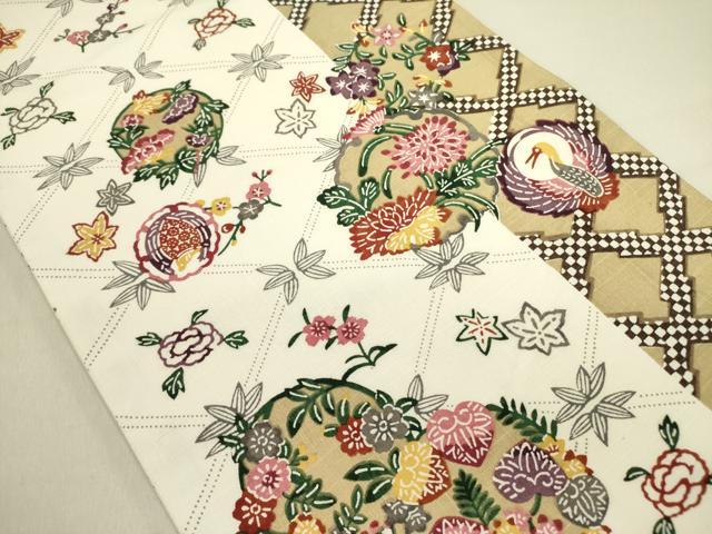 平和屋着物●全通柄袋帯 紬地 紅型 花鳥文 正絹 逸品 DABE1192op