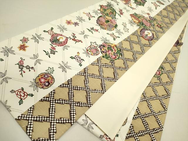 平和屋着物●全通柄袋帯 紬地 紅型 花鳥文 正絹 逸品 DABE1192op