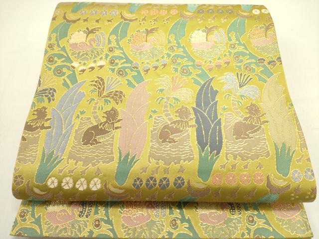 平和屋着物●六通柄袋帯 鳥獣文 金糸 正絹 逸品 DABE1205op