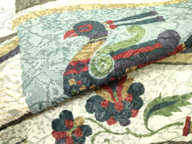 平和屋着物●西陣 老舗 渡文謹製 手織 両面 全通柄袋帯 纐纈 花鳥文 正絹 逸品 未使用 DABE1212op