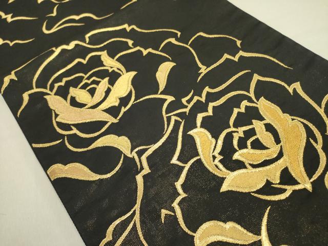 平和屋着物●六通柄袋帯 薔薇 バラ 黒地 金糸 正絹 逸品 DABE1228op
