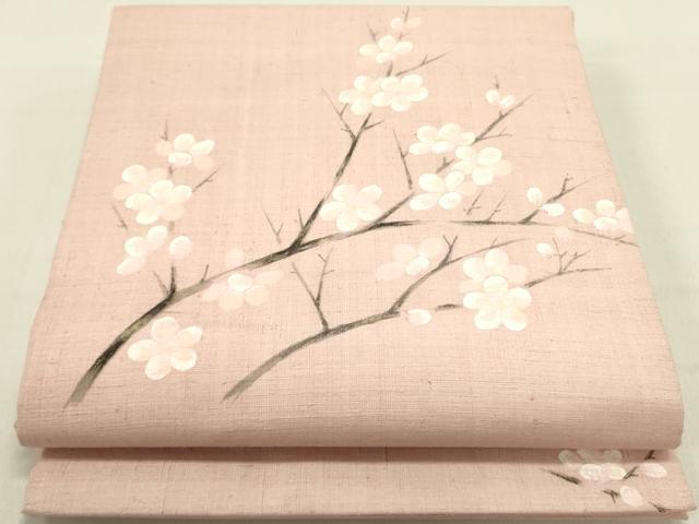 平和屋着物●九寸開き名古屋帯 手描き 紬地 枝梅 金彩 正絹 逸品 DABE1286op