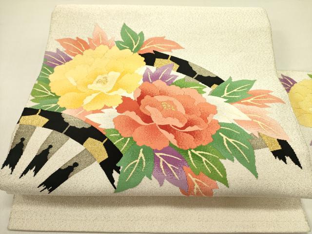 平和屋着物●爪掻き本綴れ 八寸名古屋帯 牡丹 金糸 正絹 逸品 DABE1302op