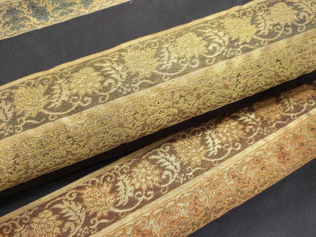 平和屋着物●九寸名古屋帯 横段更紗花文 金糸 正絹 逸品 DABE1319op