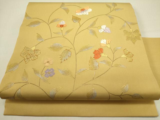 平和屋着物●塩瀬 九寸名古屋帯 駒刺繍 草花 金銀彩 正絹 逸品 DABE1325op