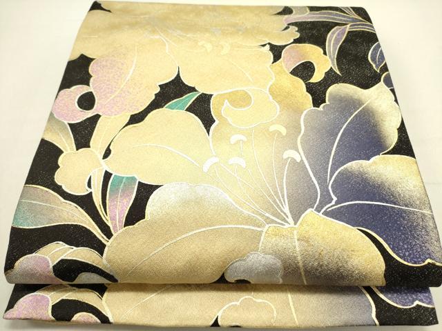 平和屋着物●全通柄袋帯 草花 金銀彩 銀通し地 正絹 逸品 DABE1361op