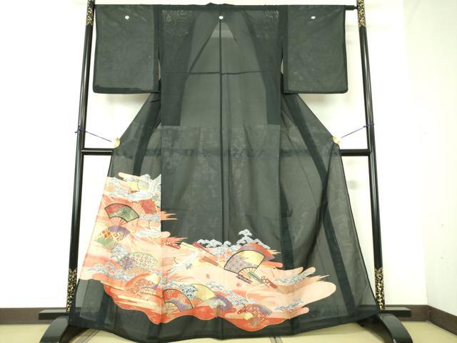 平和屋着物*夏物 黒留袖 絽 飛鶴扇面花文 金彩 洗える着物 DABE1387op