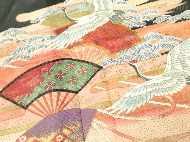 平和屋着物*夏物 黒留袖 絽 飛鶴扇面花文 金彩 洗える着物 DABE1387op