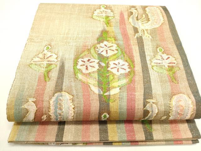 平和屋着物●太鼓柄袋帯 すくい織 花鳥文 金糸 正絹 逸品 DABE1456op