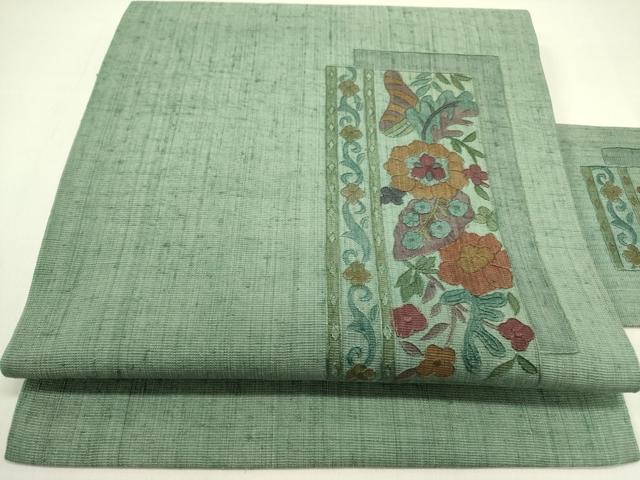 平和屋着物○九寸名古屋帯 紬地 総刺繍 草花 正絹 逸品 DABE1536op
