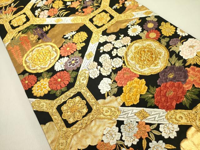 平和屋着物●唐織・西陣の老舗・名門・藤原織物 六通柄袋帯 唐織 蜀江花文 黒地 金糸 正絹 逸品 DABE1733op