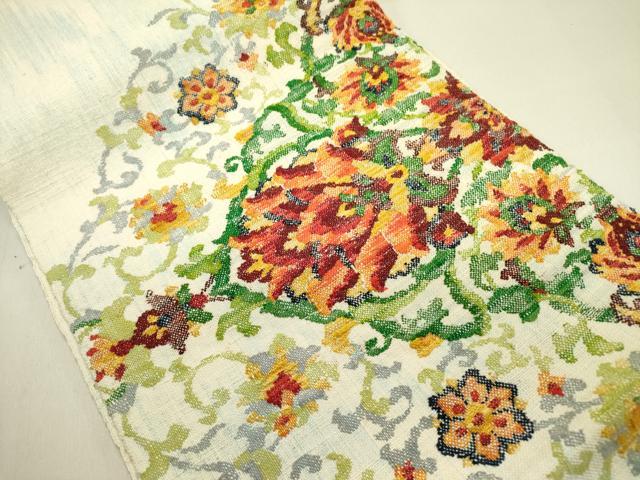 平和屋着物●八寸名古屋帯 紬地 洋花唐草文 正絹 逸品 DABE1803op