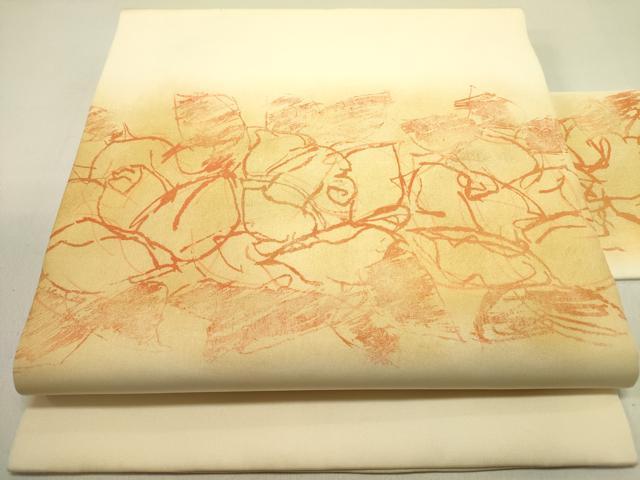 平和屋着物●塩瀬 九寸名古屋帯 作家物 手描き 抽象文様 金彩 正絹 逸品 DABE1805op