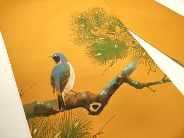 平和屋着物●塩瀬 九寸名古屋帯 作家物 枝松葉に鳥 金彩 逸品 DABE1810op