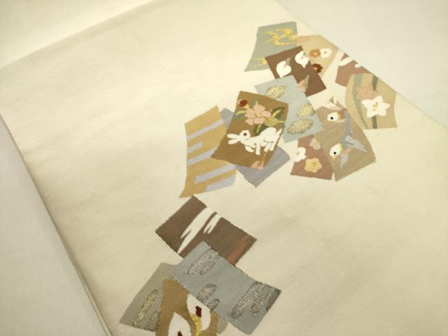 平和屋着物●爪掻き本綴れ 八寸名古屋帯 兎 ウサギ 花鳥文 金銀糸 正絹 逸品 DABE1820op