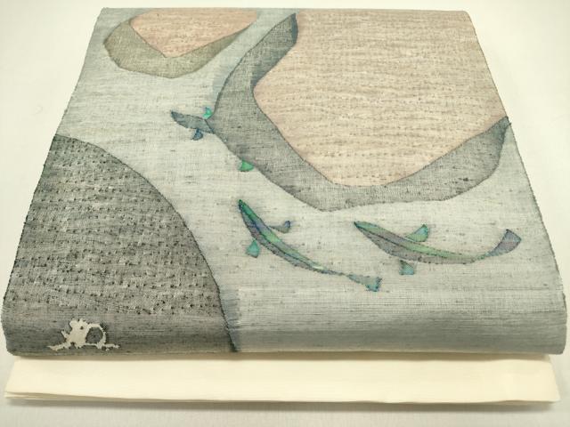 平和屋着物●絲藝苑 上島洋山 太鼓柄袋帯 魚 正絹 逸品 DABE1828op