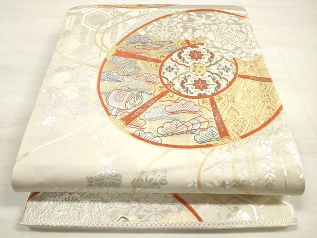 平和屋着物◎六通柄袋帯 唐織 花絵皿 吉祥花松文 金銀糸 正絹 逸品 DABE2052xg