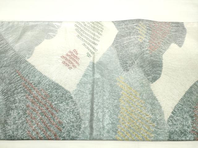 平和屋着物◎六通柄袋帯 絞り 重ね山文 銀彩 正絹 逸品 DABE2073xg