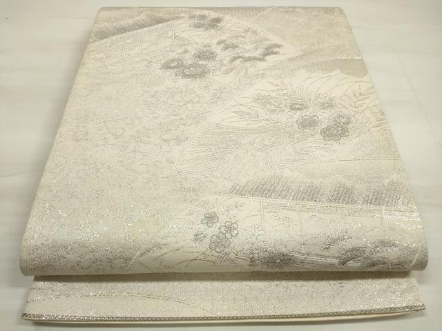 平和屋着物◎六通柄袋帯 九百錦織 地紙重ね風景文 プラチナ二重箔 正絹 逸品 DABE2080xg