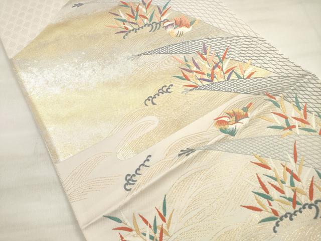 平和屋着物◎六通柄袋帯 唐織 立波鴛鴦葦文 金糸 正絹 逸品 DABE2084xg