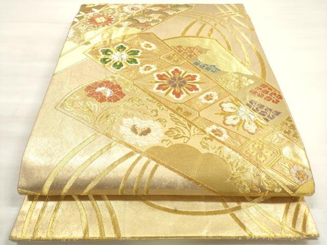 平和屋着物◎六通柄袋帯 唐織 吉祥扇面花文 金銀糸 正絹 逸品 DABE2250xg