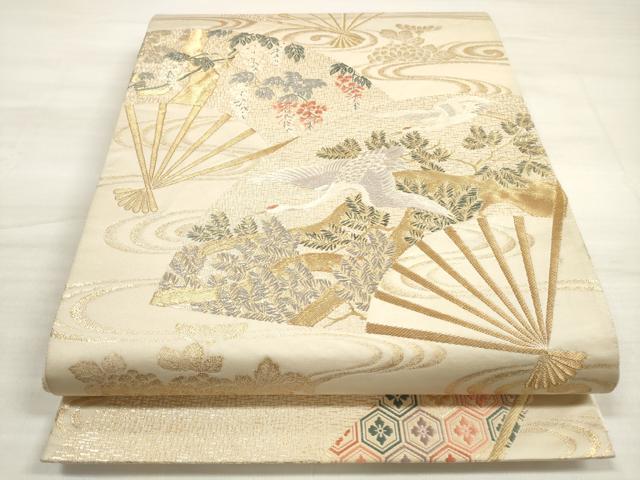 平和屋着物◎六通柄袋帯 唐織 水に扇面松鶴 金糸 正絹 逸品 DABE2289xg