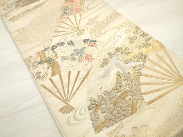 平和屋着物◎六通柄袋帯 唐織 水に扇面松鶴 金糸 正絹 逸品 DABE2289xg