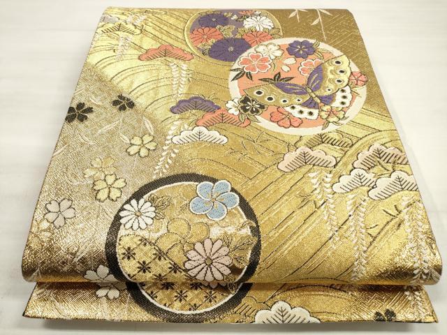 平和屋着物◎六通柄袋帯 唐織 立波花蝶丸文 金糸 正絹 逸品 DABE2361xg