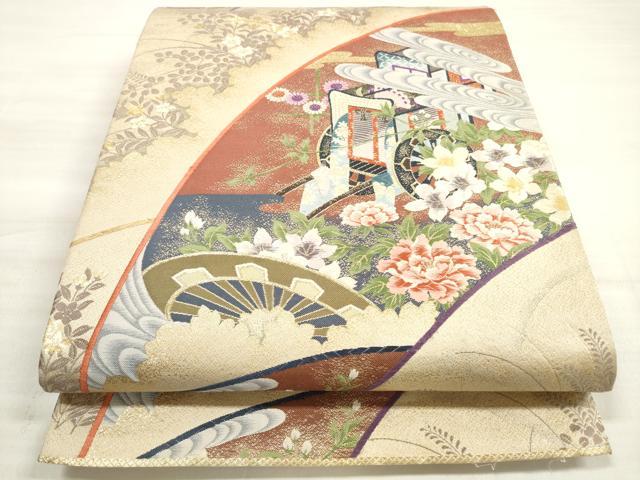 平和屋着物◎六通柄袋帯 唐織 御所車花文 金糸 正絹 逸品 DABE2464xg