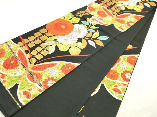 平和屋着物◎西陣 六通柄袋帯 唐織 花蝶文 黒地 金糸 証紙付き 正絹 逸品 DABE2515xg