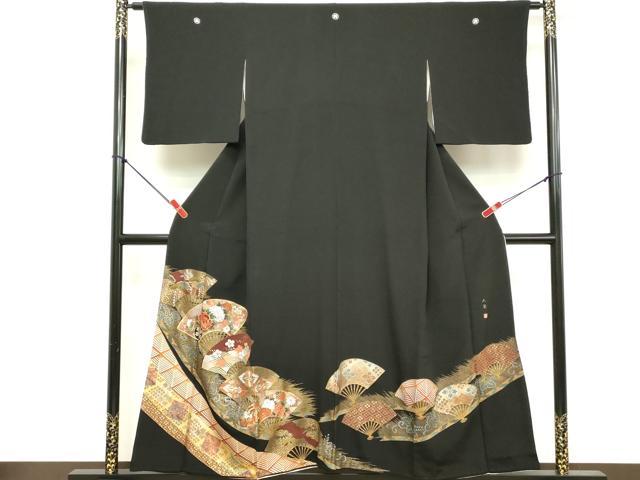 平和屋着物■豪華黒留袖 駒刺繍 扇面花文 金銀彩 正絹 逸品 DABE2535cd