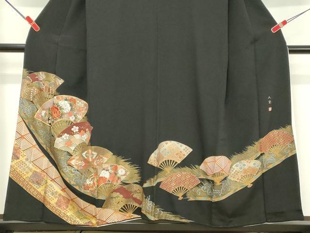 平和屋着物■豪華黒留袖 駒刺繍 扇面花文 金銀彩 正絹 逸品 DABE2535cd
