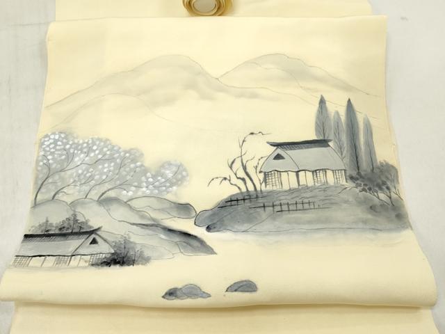 平和屋着物▼名古屋帯 帯反物 手描き 風景文 逸品 未使用 DABE3381we