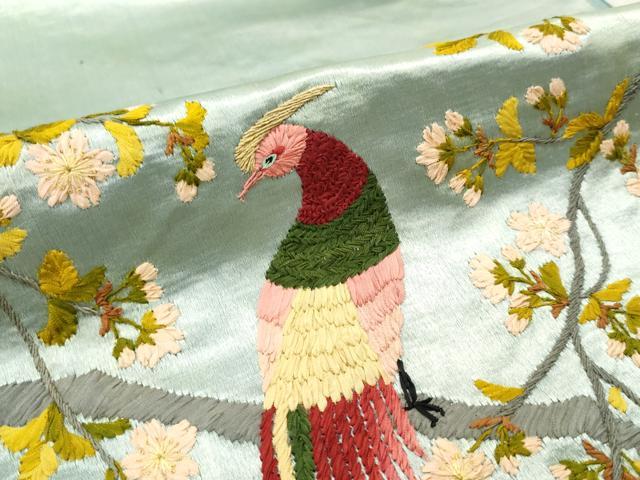 平和屋着物●アンティーク 大正ロマン 名古屋帯 帯反物 総手刺繍 花鳥文 枝桜 逸品 未使用 DABE3448we
