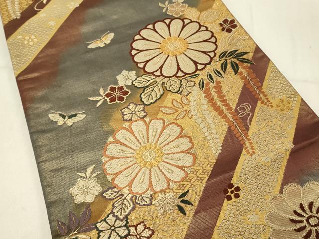 平和屋着物◎六通柄袋帯 唐織 花蝶文 金糸 正絹 逸品 DABE3526qp