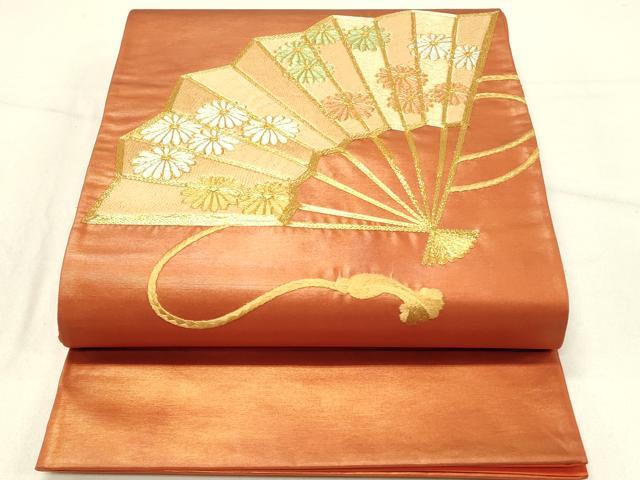 平和屋着物◎太鼓柄袋帯 総刺繍 駒刺繍 扇面花文 正絹 逸品 未使用 DABE3562qp