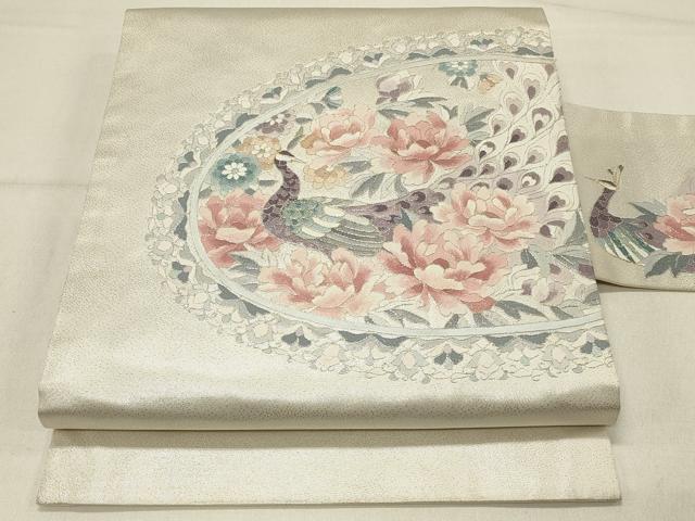 平和屋着物◎九寸名古屋帯 駒刺繍 絵皿花鳥文 正絹 逸品 DABE3594qp
