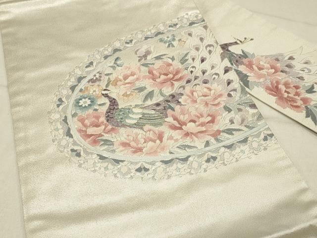 平和屋着物◎九寸名古屋帯 駒刺繍 絵皿花鳥文 正絹 逸品 DABE3594qp