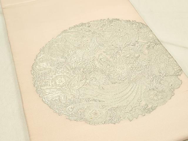 平和屋着物◎太鼓柄袋帯 唐織 更紗花鳥文 銀糸 三越扱い 正絹 逸品 DABE3824qp