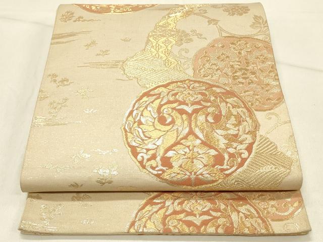 平和屋着物◎六通柄袋帯 織成つづれ 花鳥絵皿文 金糸 正絹 逸品 DABE3829qp