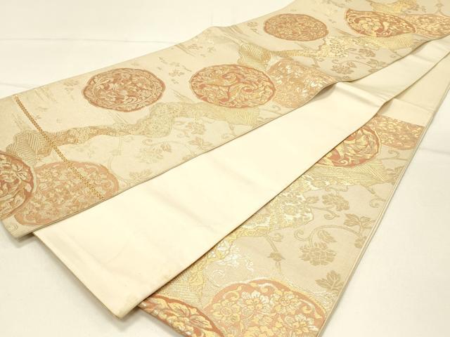 平和屋着物◎六通柄袋帯 織成つづれ 花鳥絵皿文 金糸 正絹 逸品 DABE3829qp